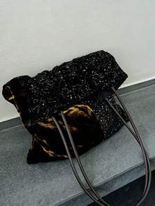 Tas Tote Sequin Patchwork Motif Leopard Gaya Hot Girl, Tas Bahu Kapasitas Besar Gaya Manis dan Keren, 1 buah Tas Wanita Poliester Colorblock - Hitam - View 8