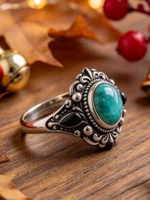 1pc Women's Vintage Turquoise Ring, Bohemian Style, Synthetic Cubic Zirconia, Suitable For Wedding, Banquet, Party, Daily Wear, No Packaging Box - Silver - View 3