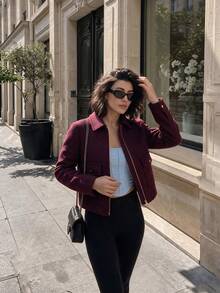 Women's Soft Jacket, New Autumn/Winter Women's Zip-Up Short Jacket, Long Sleeve Pocket Bomber Jacket Fall - Burgundy - View 3