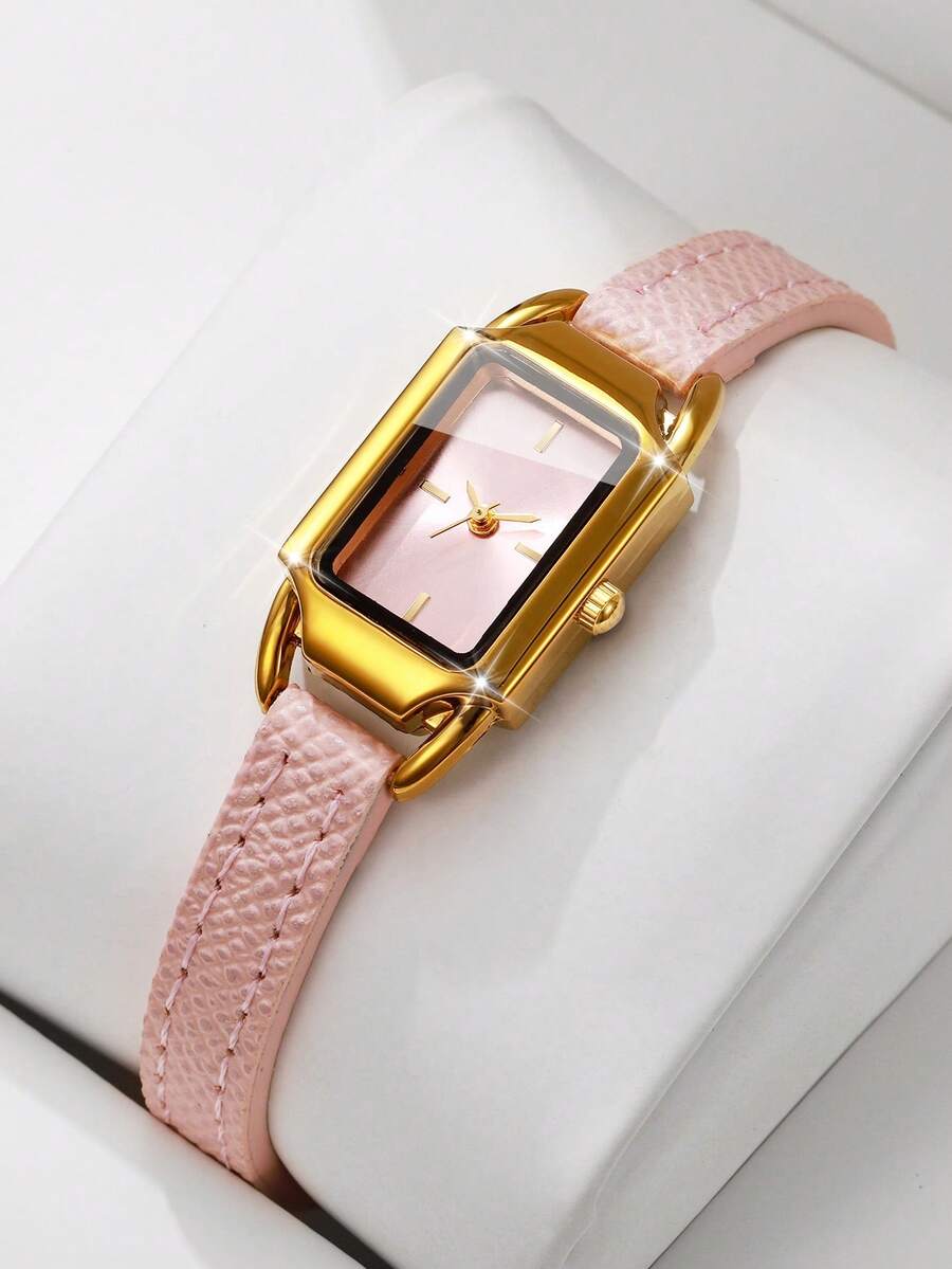 Women's Fresh Small Thin PU Strap Quartz Watch, Minimalist Square Dial With Simple Markings, Suitable For Girls And Students For Daily Wear, Gift Watch (1pc/Set) Watch Box Not Included - Pink - View 1
