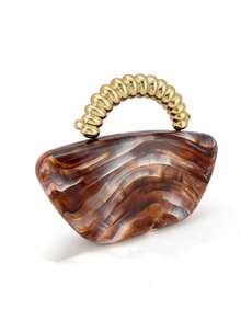 Light Luxury Gold Bead Handle Acrylic Hard Shell Bridal Evening Bag,Marble Pattern Asymmetrical Clutch,Fashion Handbag For Wedding Ceremony,Party - Coffee - View 11