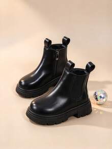 Girls' British Style Chelsea Boots, Black Glossy Finish, Versatile Boots For Autumn/Winter - Black - View 1