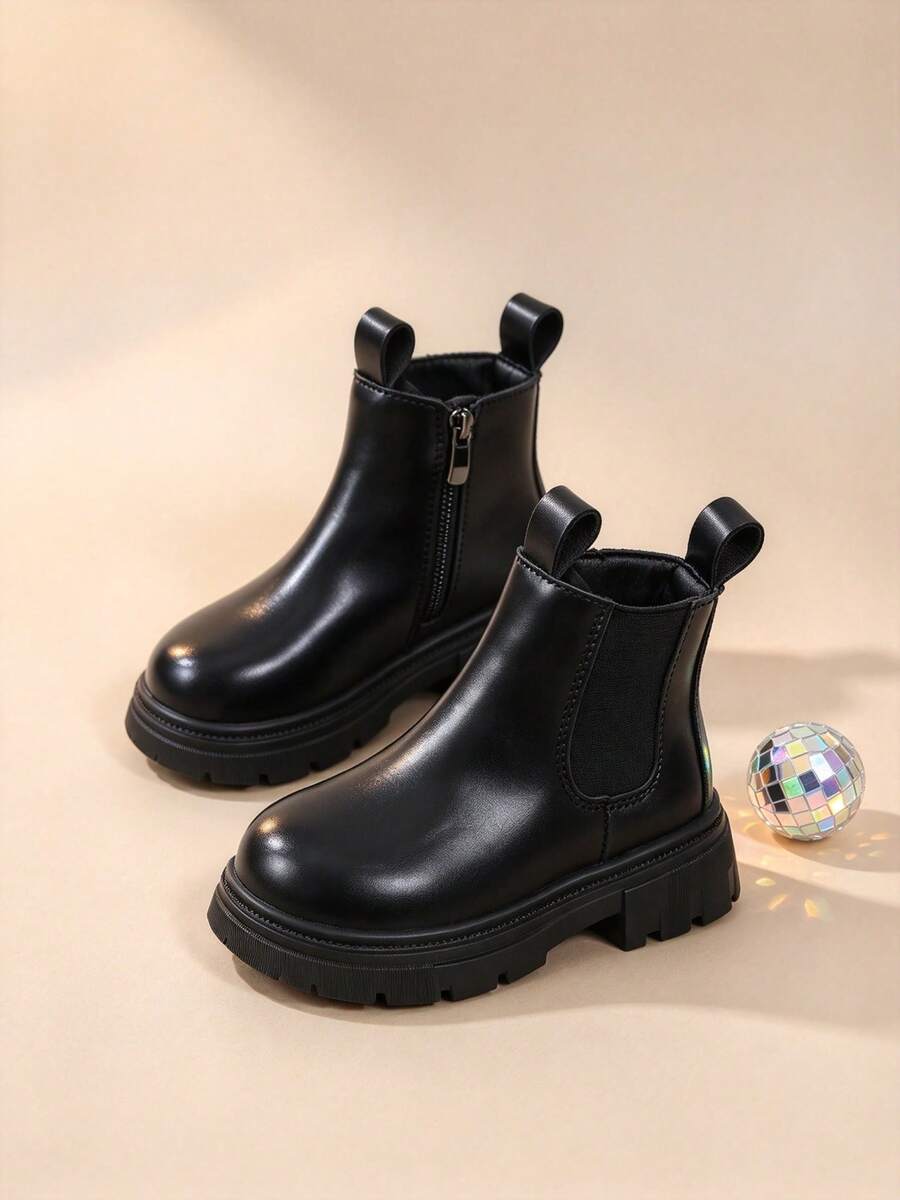 Girls' British Style Chelsea Boots, Black Glossy Finish, Versatile Boots For Autumn/Winter - Black - View 1