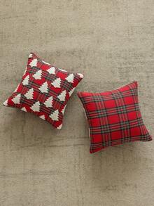 Homemorelove 2件/組 米色格紋刺繡聖誕樹抱枕套 隱藏式拉鍊 適用於客廳、臥室、沙發 不含枕芯 - 多色-大格紋紅聖誕樹刺繡 - 查看 4