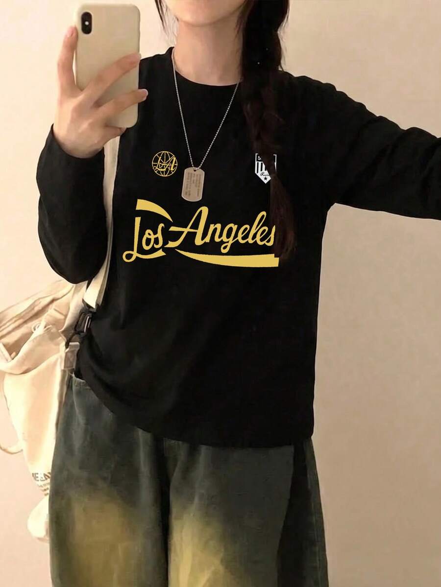 Women's Fashion Autumn/Winter Loose Minimalist Versatile Letter Print Long Sleeve T-Shirt - Black - View 1