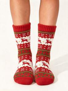 1/3/6 Pairs Unisex Red Cartoon Reindeer Mid-Calf Socks, Fleece Lined Thickened Warm Winter Socks, Soft Comfortable Warm Socks, Suitable For Indoor Home Leisure Wear, Christmas Gift Socks - Red - View 5