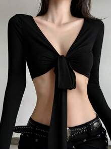 Jotten Fashion Women's V-Neck Top, Front Tie Bow Slim Fit Cropped Long Sleeve Base Layer Top, 1pc - Black - View 1