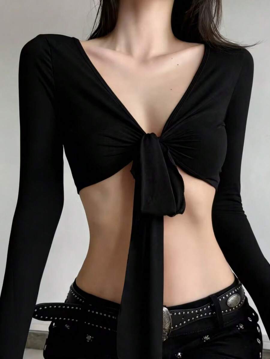 Jotten Fashion Women's V-Neck Top, Front Tie Bow Slim Fit Cropped Long Sleeve Base Layer Top, 1pc - Black - View 1