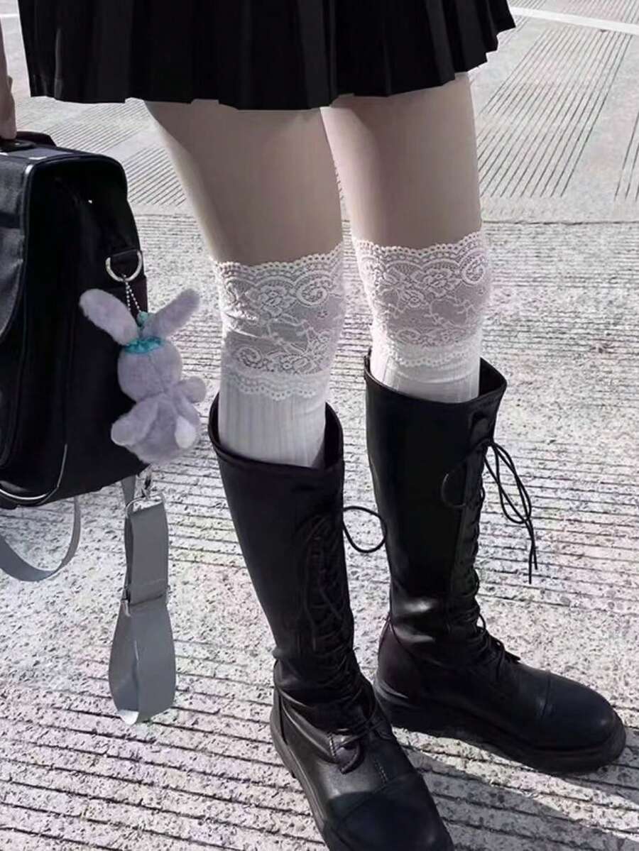 Women's Lace Patchwork Over-The-Knee Long Socks, Vertical Stripe Slimming Japanese Sweet Style Thigh-High Stockings, Versatile Solid Color - Multicolor - View 1
