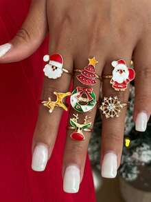 7 Buah/Set Cincin Rusa Kartun Santa Claus, Aksesoris Cincin Hadiah Natal Ins, Cincin Wanita - MultiWarna - View 2