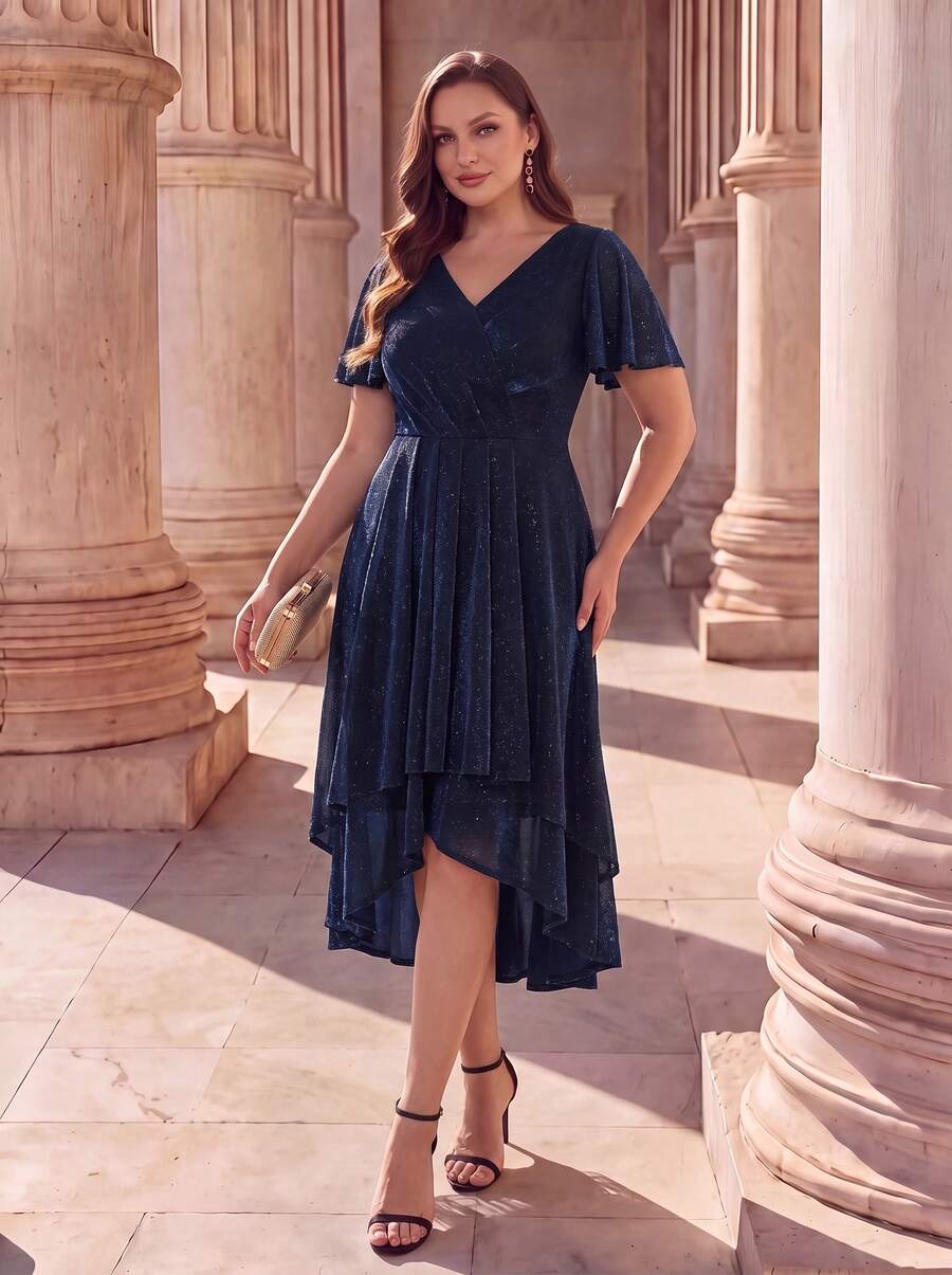 EVERPRETTY Fall Women's Shimmer V-Neck Stretchy Semi Formal Dress Navy Blue Wedding Guest Dress Ruffle Sleeve High-Low A Line Evening Party Dress - Navy Blue - View 1