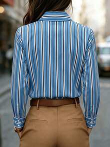 Women's Elegant Striped Long Sleeve Button-Down Shirt Collar Top, Blue Polyester Non-Stretch Blouse - Multicolor - View 8