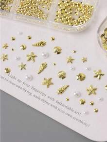 FULL BEAUTY 12-Grid Shell & Starfish Gold Metal Nail Art Decor Beads Pearl Nail Accessories Rivets Handmade Summer Ocean Vacation DIY Nail Supplies - Multicolor - View 7