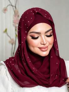 1pc Women's Solid Color Minimalist Versatile Muslim Rhinestone Instant Hijab, Slip-On Hijab For Quick And Easy Wear, Rhinestone Solid Color Minimalist Casual Elegant Classic Versatile, Underscarf Inner Lining Rhinestone Chiffon Scarf One-Piece, Soft Chiffon Material Fabric, Comfortable And Breathable Fabric, Suitable For Daily Wear - Burgundy - View 3