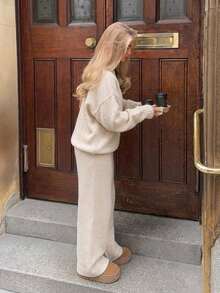 Women's Solid Color Long Sleeve Top And Pants Knit Set - Apricot - View 3