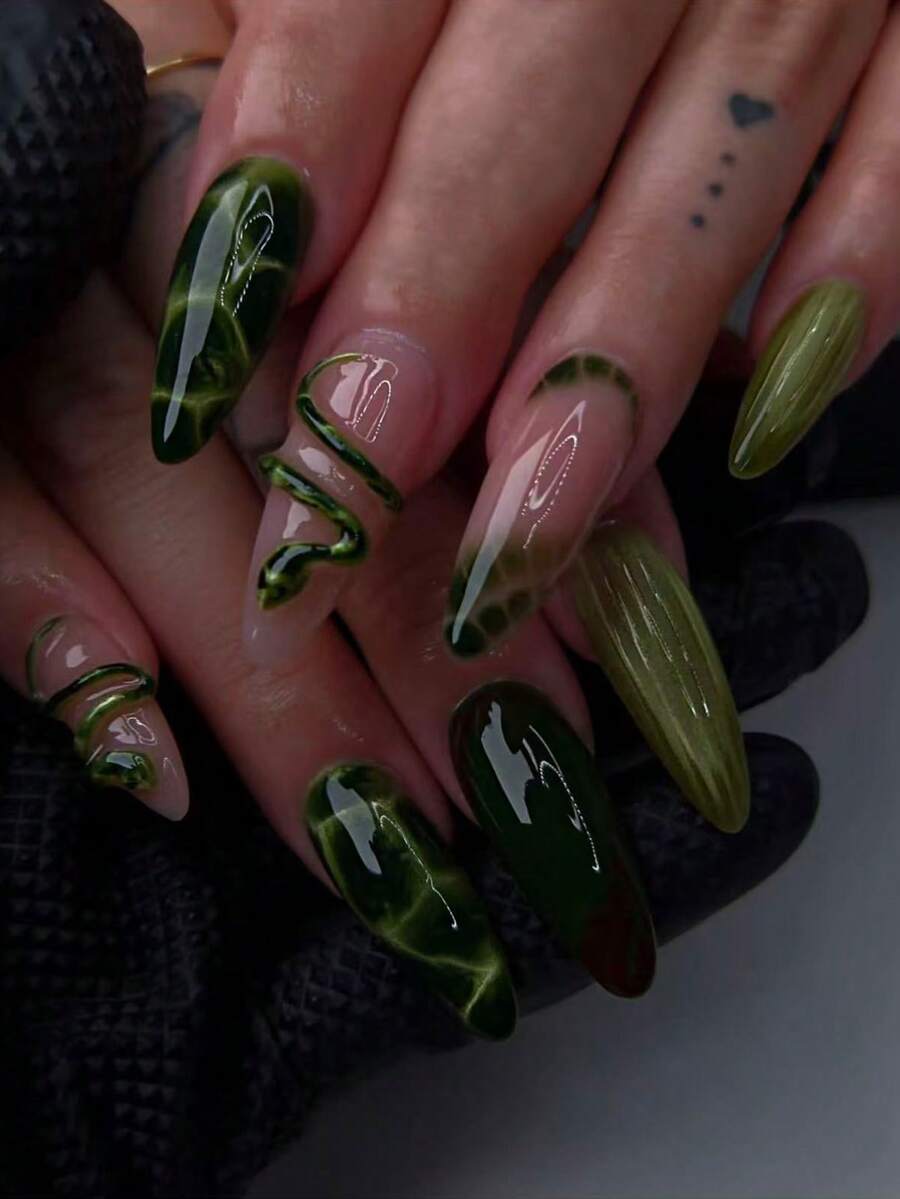 24pcs Long Pointed Almond Shape Press-On Nails, Autumn Cool Deep Green Snake Theme Nail Art, 3D Wrapped Snake & Snake Print With Semi-Transparent Base, Suitable For Halloween, Thanksgiving, Christmas Holiday Parties - Green - View 1