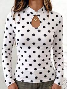 SCARLUX Fall Winter Women Y2K White Polka Dot Long Sleeve Top, Keyhole Mock Neck Fitted Tee For Back To School Street Commute Loungewear - White - View 3