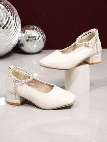 1 Pair Girls' Mary Jane Princess Shoes, Soft PU + Square Toe, Thick Heel Flat Bottom Anti-Slip Slip-On Design, Fashionable Cute Luxury Party Performance Dance Shoes, Suitable For Holiday School Vacation, Spring/Autumn New Style - Apricot - View 5