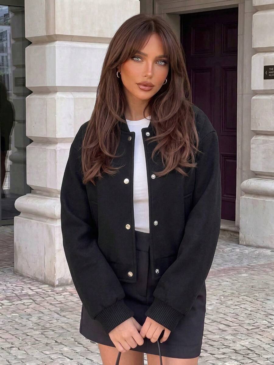 Women's Black, Soft, Loose-Fit Bomber Jacket For Autumn And Winter-Suitable For Daily Wear, Going Out, Or Halloween. - Black - View 1