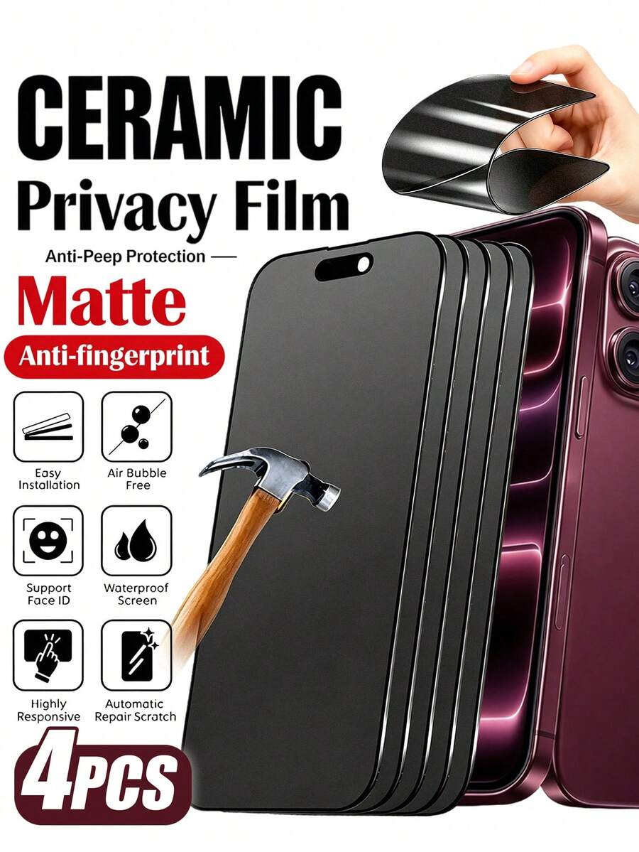 4pcs Matte Frosted Ceramic Privacy Screen Protector, Soft TPU Base Layer With Ceramic Frosted Layer, Anti-Peeping Privacy Protection, Anti-Glare Reduces Strong Light Reflection, Excellent Flexibility, Resistant To Cracking From Drops And Bends; Fine Matte Frosted Texture, Good Stretchability, Fits Screen Curvature Closely, Easy Application With Fewer Bubbles, Suitable For Phone Cases, Compatible With IPhone Duo/18promax/18pro/18/17e/17 Pro Max/17 Pro/17Air/17/16 Pro Max/16 Pro/16 Plus/16/15 Pro Max/15/14/13/12 And Other Models. - Black - View 1