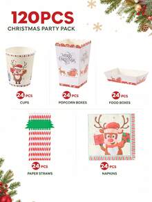 10/24pcs Christmas Reindeer & Santa Hat Print Disposable Paper Tableware Set, Includes Paper Cups, Napkins, Popcorn Boxes, Food Boxes And Straws, Suitable For Christmas Dinner, Family Gathering, Dessert Table Decor And Winter Party - Multicolor - View 9