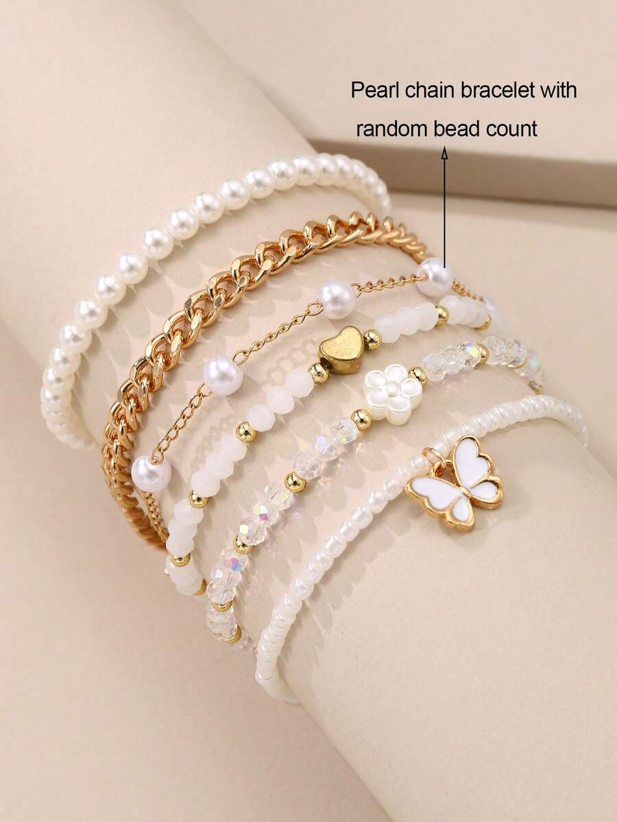 6pcs/Set Girls' Pearl & Seed Bead Heart & Butterfly Beaded Bracelet, Decorative For Daily Wear - Multicolor - View 1