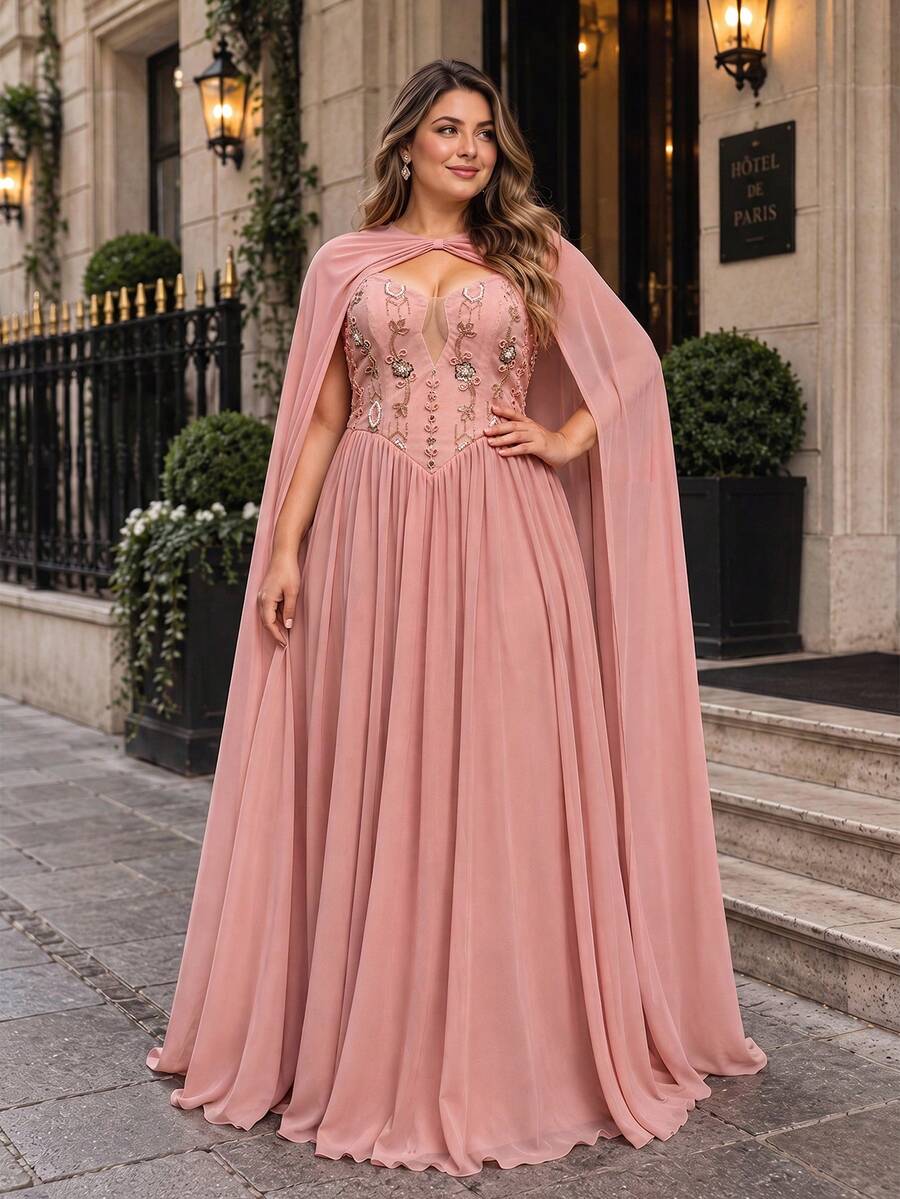 VIPGIRL Plus Size Women's Solid Color Cape And Floral Pattern Pleated Elegant Evening Gown Dress - Pink - View 1