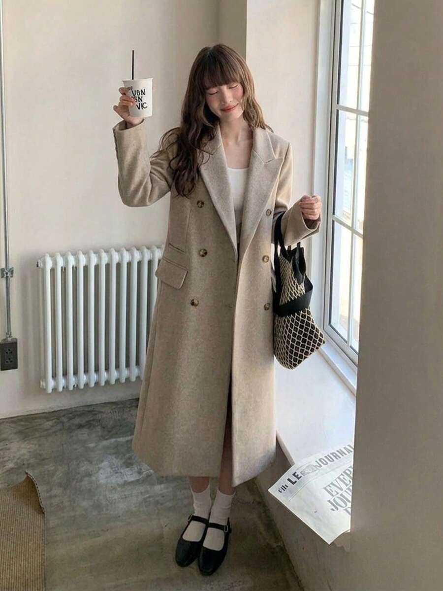 Elegant Wool Blend Notched Collar Double Breasted Long Coat, Knee Length, Winter - Oatmeal - View 1