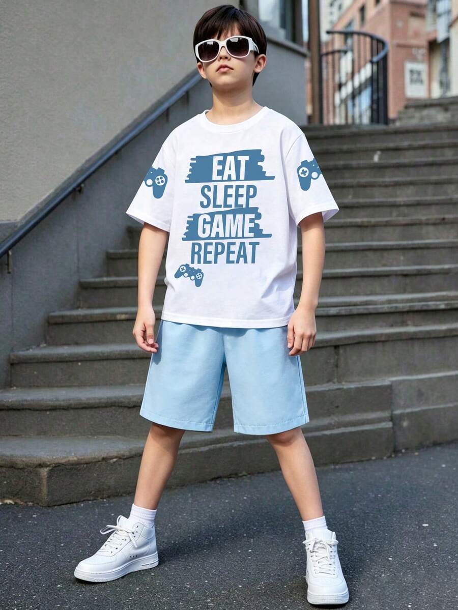 Tween Boy Letter Graphic Print Crew Neck Short Sleeve T-Shirt And Shorts Set - White - View 1