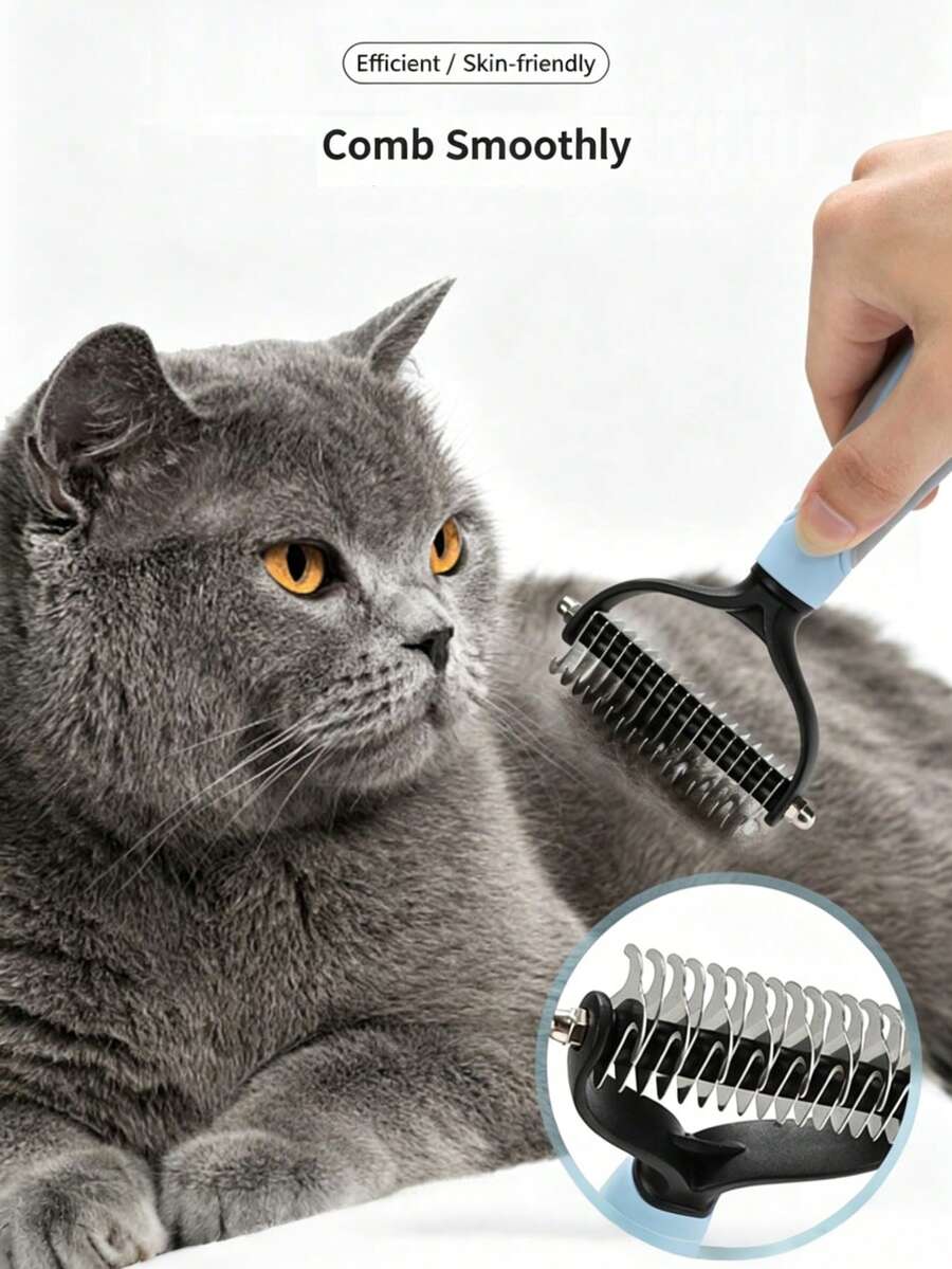 1pc 2-In-1 Double-Sided Pet Dematting Comb, Premium Stainless Steel Teeth Grooming Brush, Effectively Removes Loose Hair, Knots And Tangles, Suitable For Long And Short Haired Dogs And Cats, Non-Slip Ergonomic Handle