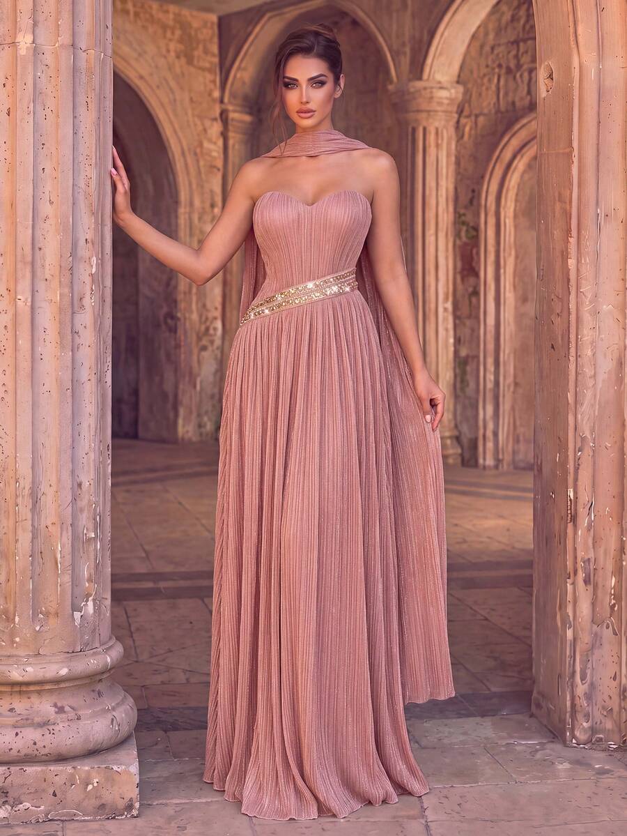 Women's Charming Strapless Long Knit Formal Evening Gown, Waist Embroidery Detail, Romantic Flared Hemline - Dusty Pink - View 1
