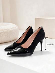 Women's Pointed Toe Stiletto High Heels, Black Patent Leather And Suede Patchwork, Slip-On High Heels, Suitable For Office, Party And Daily Wear - Black - View 5