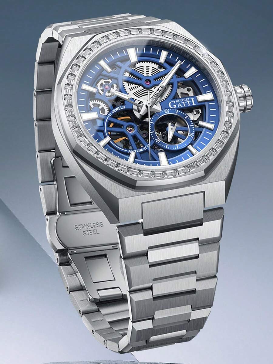 1pc Men's Mechanical Watch, Luxury Sports Style, Hollow Metal Dial, Steel Band, Daily Commute, Party, Birthday, Holiday Gift, 8801 - BG8801 - View 1