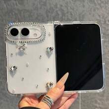 New Luxury 18duo Foldable Phone Case, Elegant Heart & Pigeon Egg Rhinestone Design, Premium Full Coverage Anti-Drop Transparent Protective Shell For Women - Clear - View 1