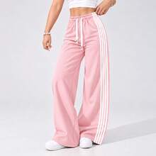 AODSR Women Pink Wide Leg Sweatpants Track Pants Side Stripe Drawstring Elastic High Waist Loose Fit Casual Athletic Pants - Pink - View 8
