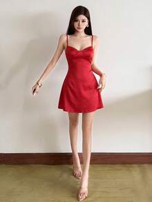 Top Dazzle Women's Elegant Red Short Spaghetti Strap Dress, Ruffle Collar Design, Smooth Satin Fabric, Suitable For Personalized Occasions - Red - View 1