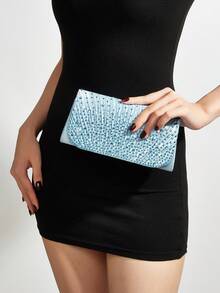 REMANLAND Ice Blue Wedding Clutch, Elegant Satin Pleated Decor With Sparkling Rhinestones, Exquisite Evening Bag, Suitable For Matching Bride And Bridesmaid Dresses - Baby Blue - View 8