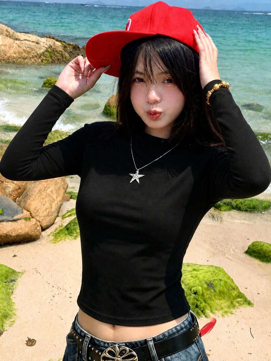 女款黑色圓領修身長袖T恤打底上衣,秋季美式甜美Y2K風格 - 黑色 - 查看 1