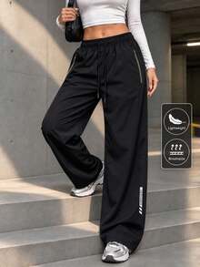Women's Black Wide Leg Loose Autumn Pants, Lightweight & Breathable, Elastic Drawstring Waist, Zipper Pockets, Open Hem - Black - View 3