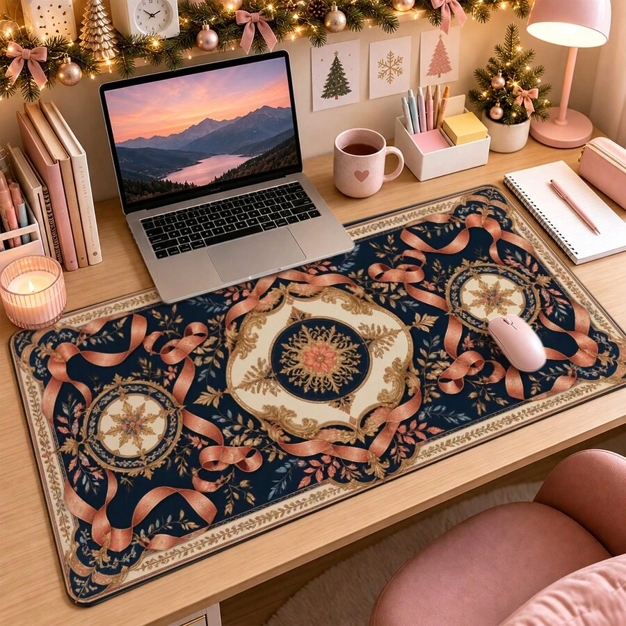 1 buah Alas Meja Estetika Pita Kerajaan Vintage, Alas Mouse Besar dengan Motif Bunga Hias untuk Dekorasi Kamar Asrama & Meja Rias - View 1