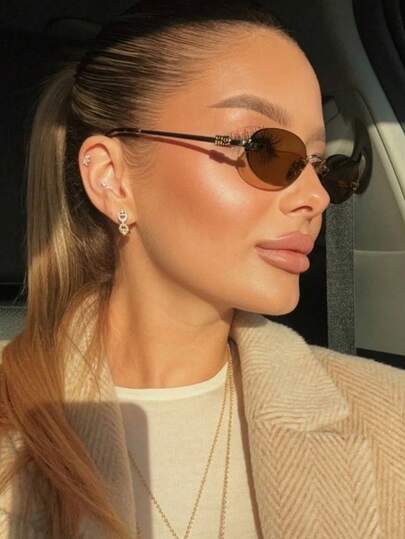Women's Dark Gray Oval Rimless Metal Temple Small Fashion Glasses, Suitable For Daily Wear, Elegant And Versatile, Ideal For Summer Beach Vacation, Outdoor Activities And Travel