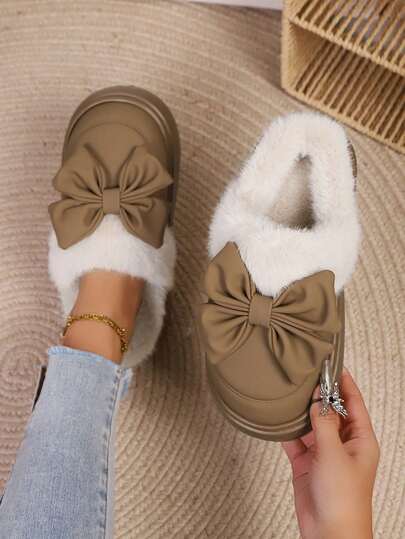 2026 Autumn/Winter New Bow Thick Sole Women's Slippers, Fashionable Minimalist Home & Outdoor Wear, Plush Furry Slippers, College Style Women's Shoes