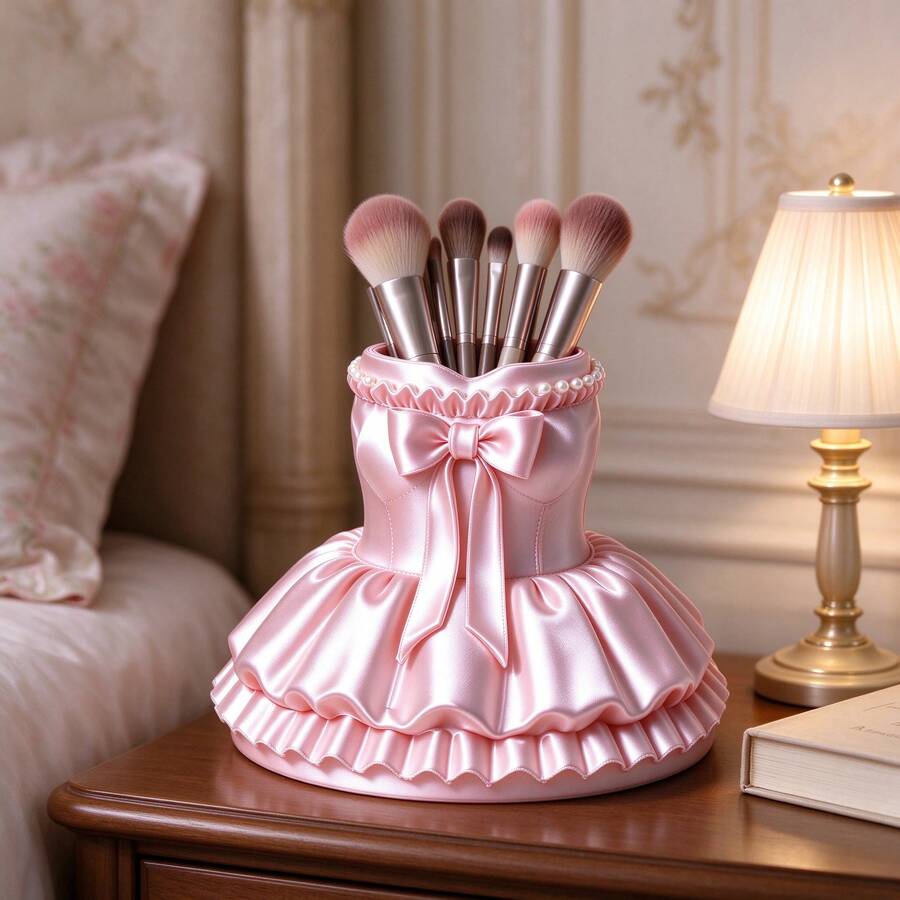 Pink Ballet Skirt 3D Printed Storage Cylinder, Multifunctional Makeup Brush Holder Pen Holder, Luxury Sweet Style Desktop Decor Organizer Container - View 1