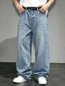 Tween Boy's American Street Style Blue Distressed Wide Leg Loose Drape Floor-Length Jeans - Medium Wash - View 3
