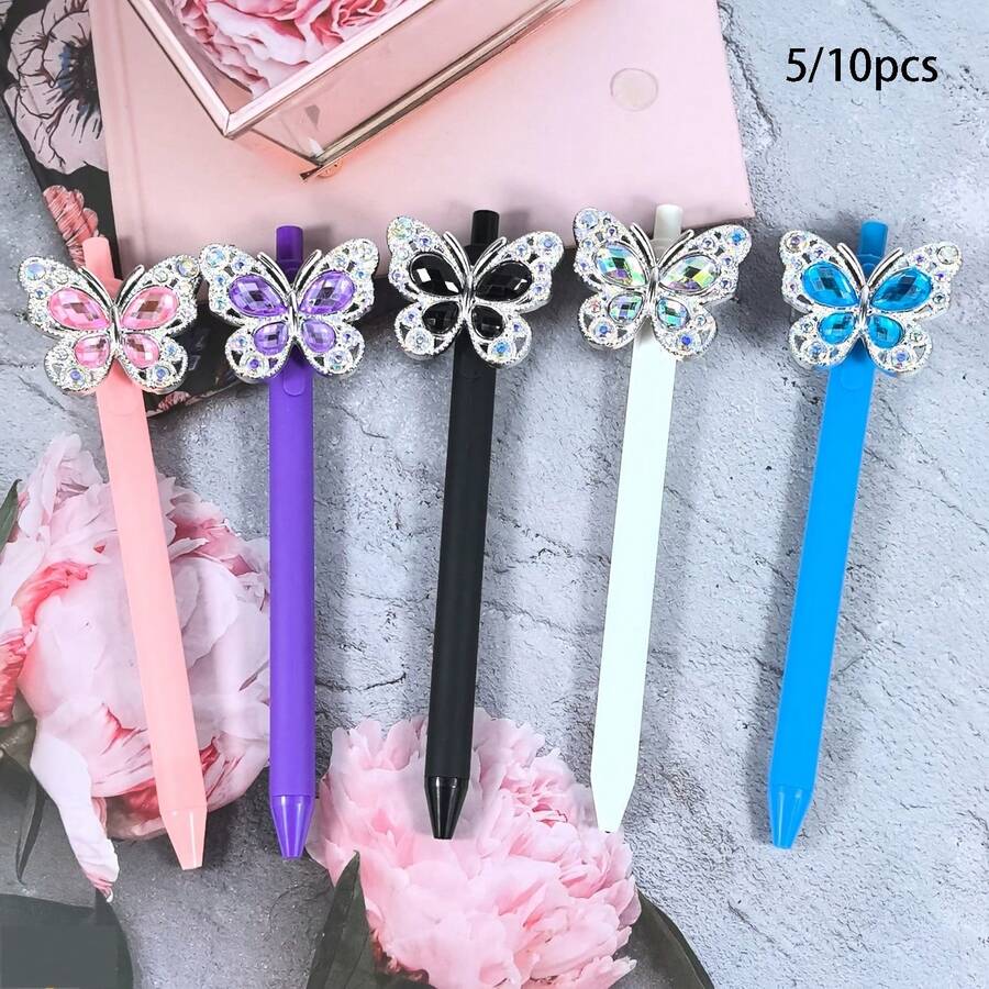 5/10pcs Multi-Color Butterfly Ballpoint Pens, Butterfly Decorated Ballpoint Pens, Cute Click Ballpoint Pens, Random Styles, Pens, Office Supplies, School Supplies. - A - View 1