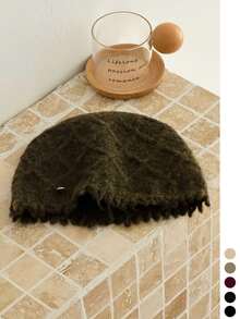 Solid-Color Rhombus Texture Raw-Edge Knitted Beanie Hat For Women, Autumn/Winter Fashion Warm Versatile Face-Slimming Ear-Protecting Woolen Cap - Fringed Diamond Pattern - View 15