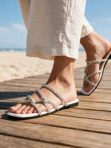 Summer New Luxury Flat Sandals, Cross Strap And Rhinestone Design, Slim Fit And Comfortable, Suitable For Outdoor, Travel, Commuting - White - View 7