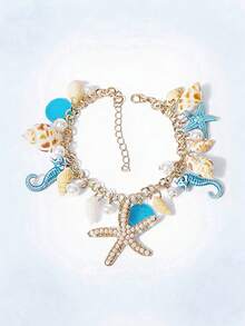 Y2Kool 1pc Bohemian Style Alloy & Pearl Decor Starfish Bracelet For Women, Summer Beach - Royal Blue - View 3