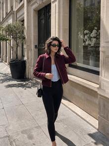 Women's Soft Jacket, New Autumn/Winter Women's Zip-Up Short Jacket, Long Sleeve Pocket Bomber Jacket Fall - Burgundy - View 4