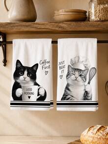 MEMNUN 2 chiếc khăn lau bếp in hình mèo phác thảo đen trắng, khăn lau bát đĩa bằng sợi microfiber polyester siêu mịn, khăn tay trang trí nhà hình mèo đầu bếp cà phê hài hước, khăn treo trang trí nhà và bếp, phù hợp cho nhà hàng, bếp, trang trí nhà và làm quà tặng, 40*60cm/45*70cm - Nhiều màu - Xem 1